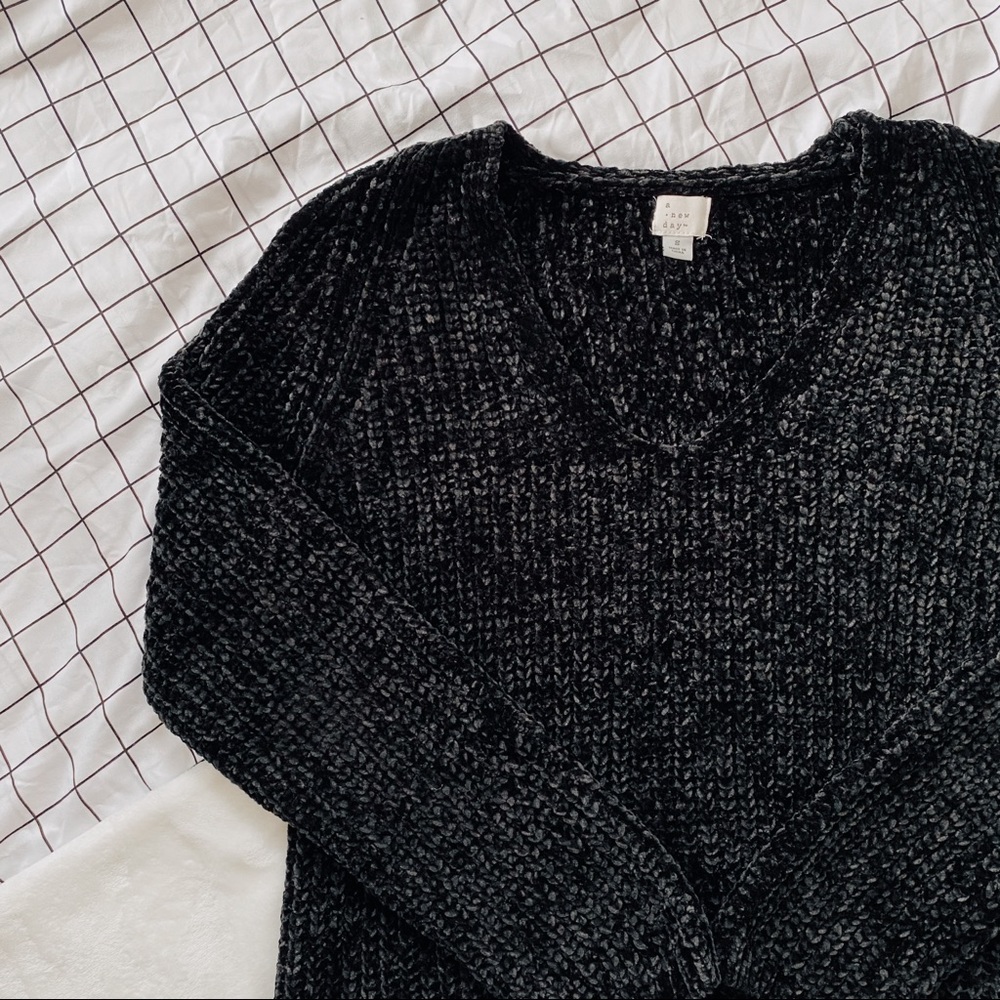 Black Chenille V-Neck Sweater